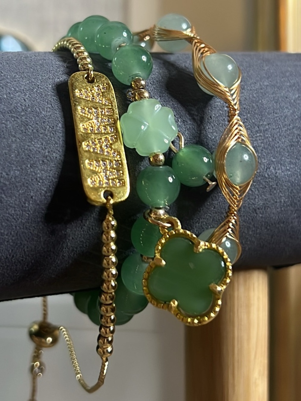 3PCS Set Gold and Green Aventurine Bead Bracelet with Clover Charm - Picture 2 of 7